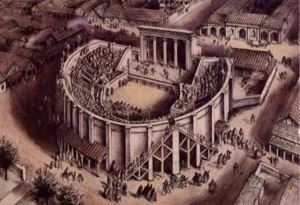 Artists Impression of the Roman Theatre of Verulamium circa AD 180, by Alan Sorrell
